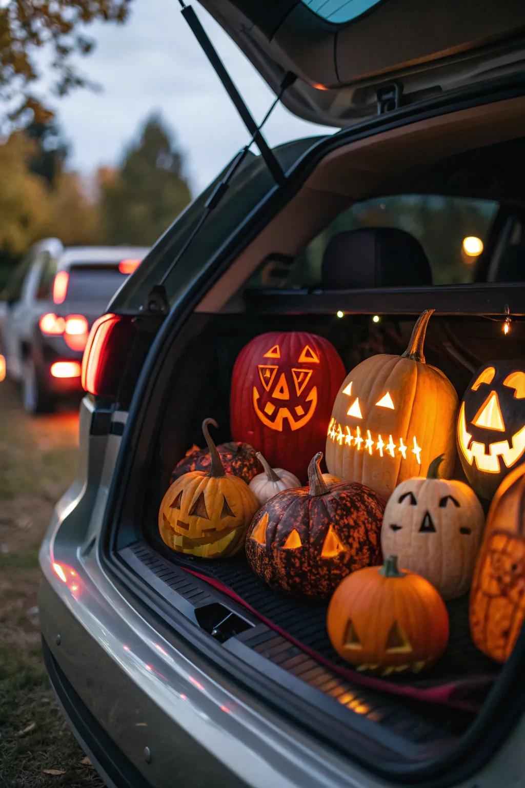 Create a classic pumpkin display with carved faces and creative lighting.