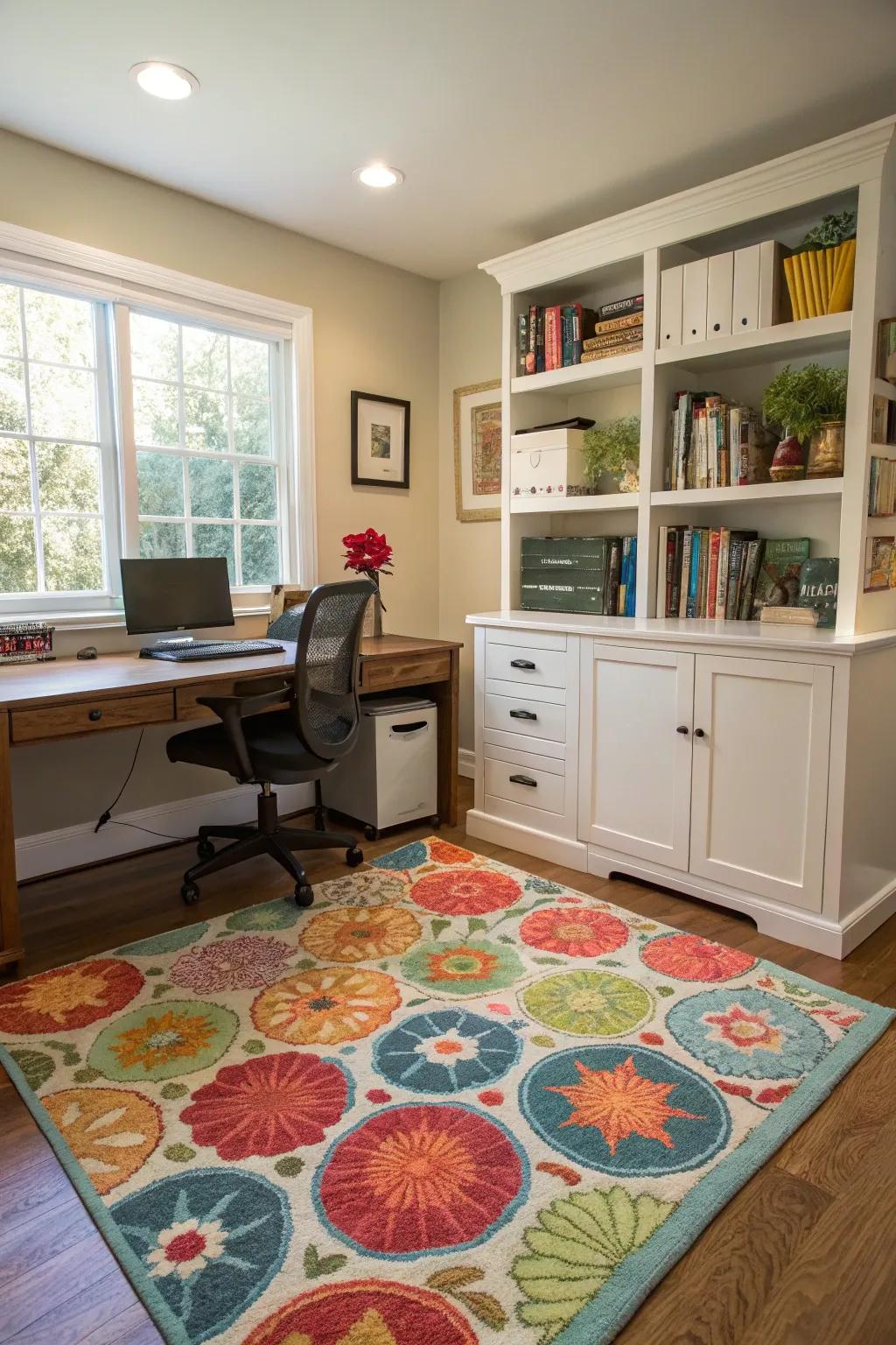 A colorful rug adds warmth and defines your workspace.