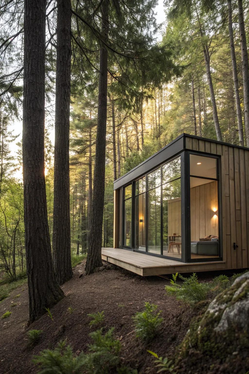 An understated pod providing a simple yet stylish forest retreat.