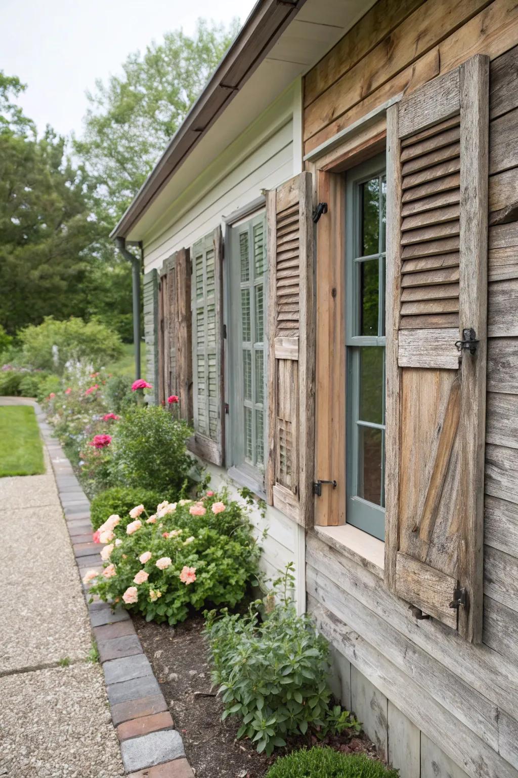 Reclaimed wood shutters offer sustainable charm and unique character.