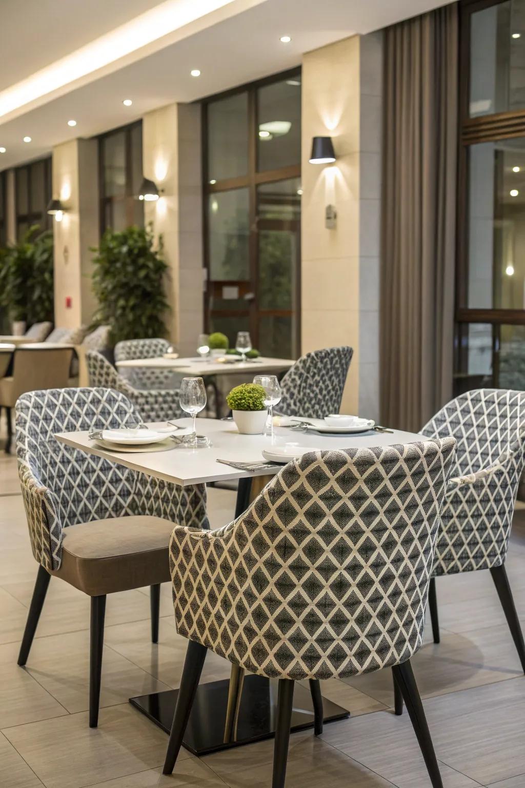 Contemporary style with geometric patterned chair wraps.