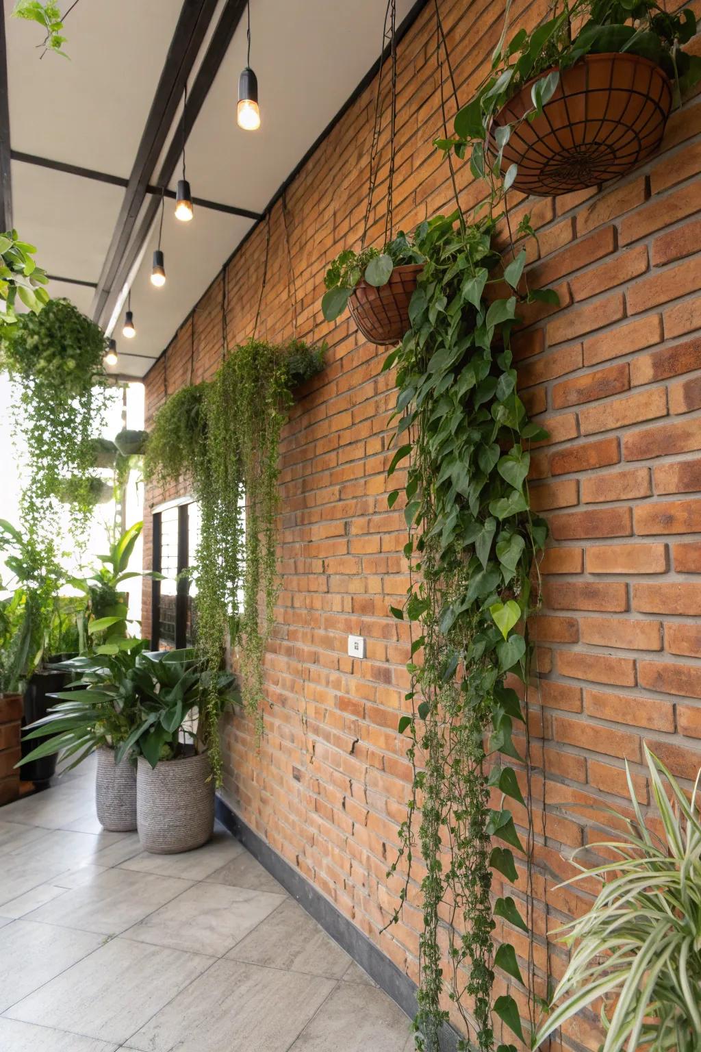 An indoor oasis with a brick facade adorned with hanging plants, creating a peaceful escape.