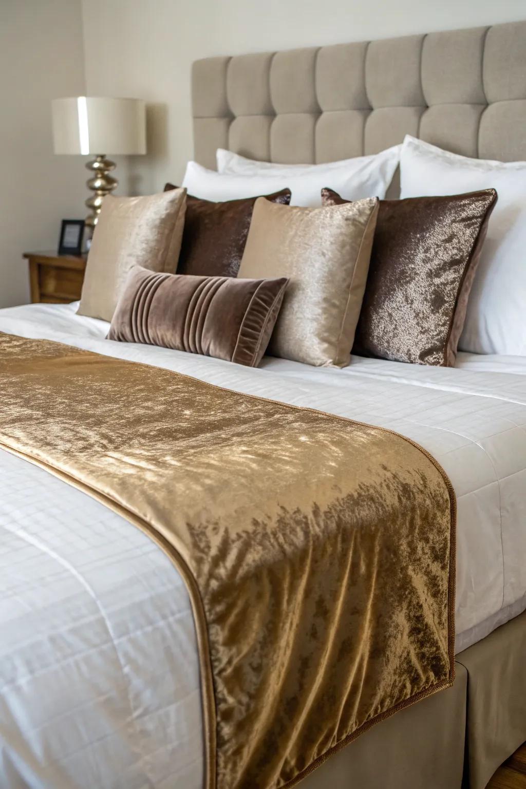 Unexpected textures like velvet and silk add luxury to this king-sized bed.