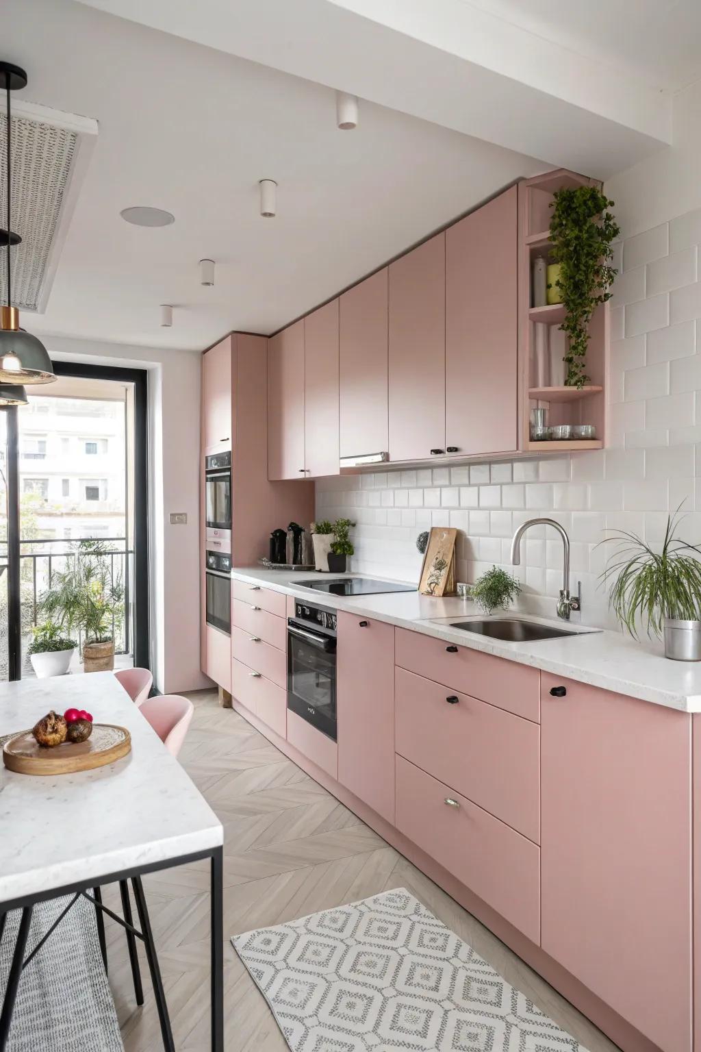 Playful pastel pink brings a whimsical and chic vibe to the kitchen.