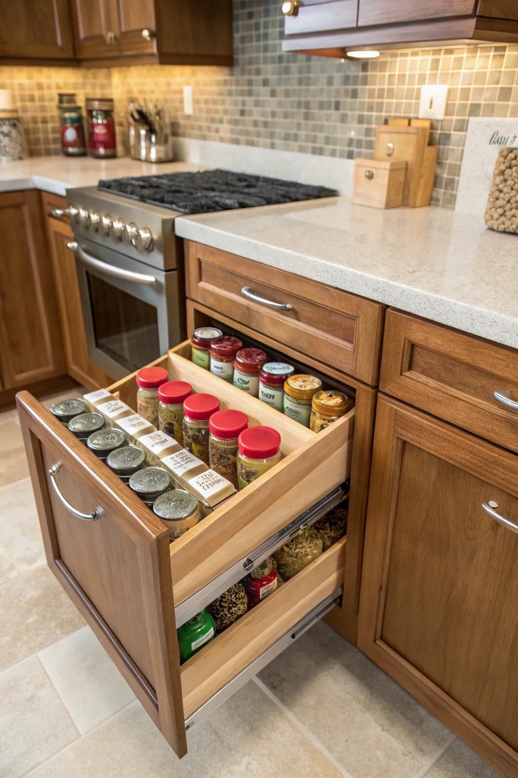 A narrow spice drawer keeps your treasured flavors at your disposal.