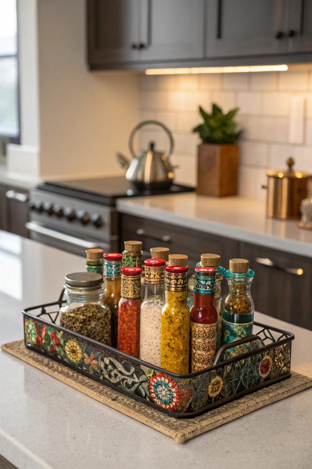 Spices displayed elegantly add color and convenience.