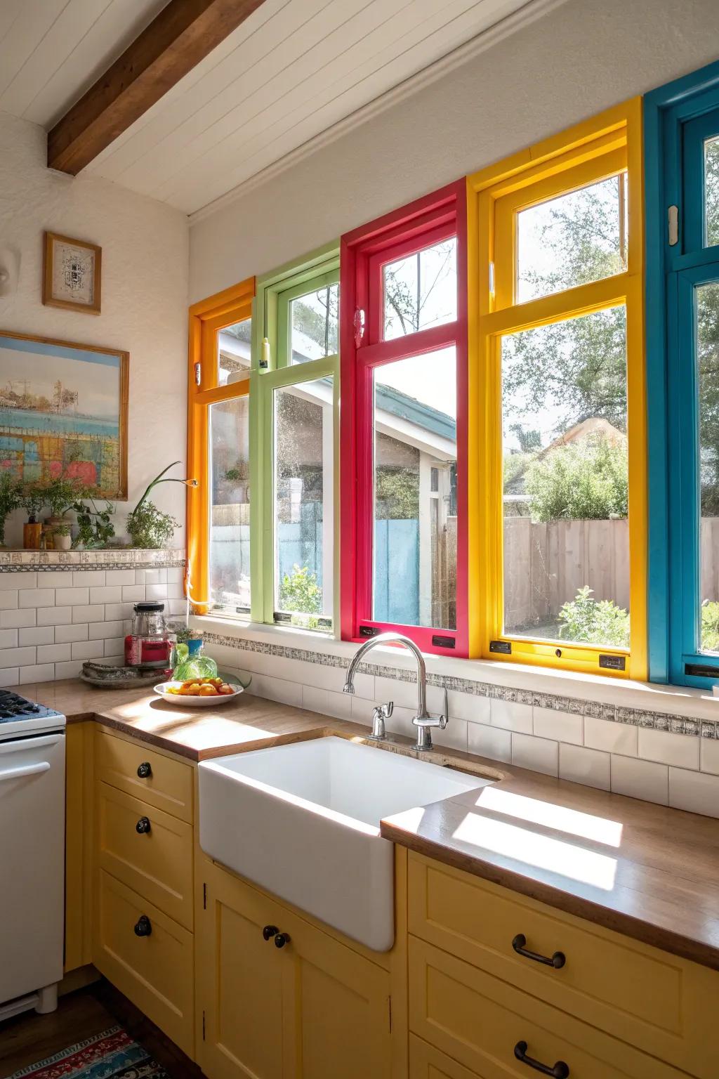 A kitchen featuring attention-grabbing vibrant frame windows.
