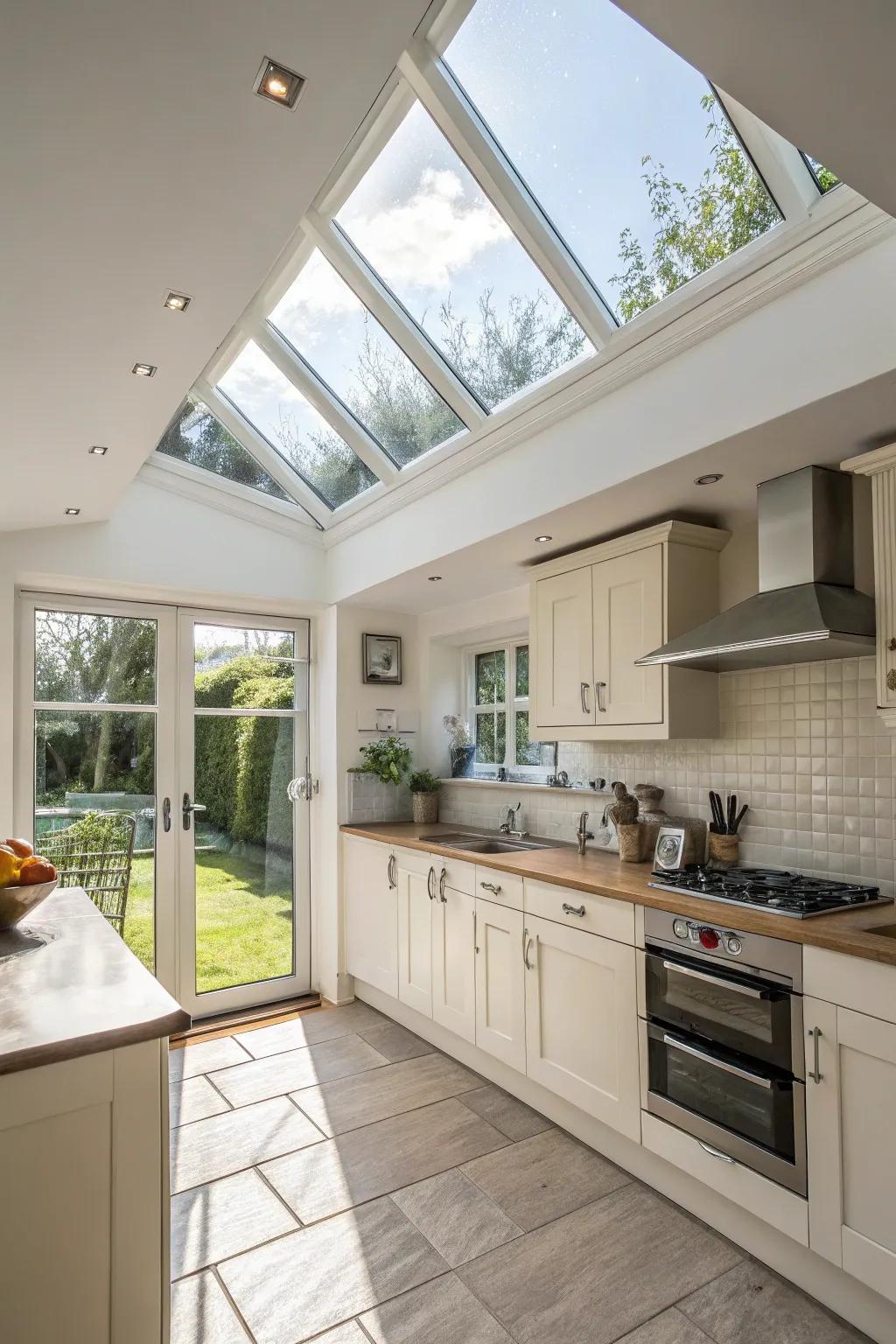 Openable skylights improve kitchen ventilation, allowing fresh air to flow.