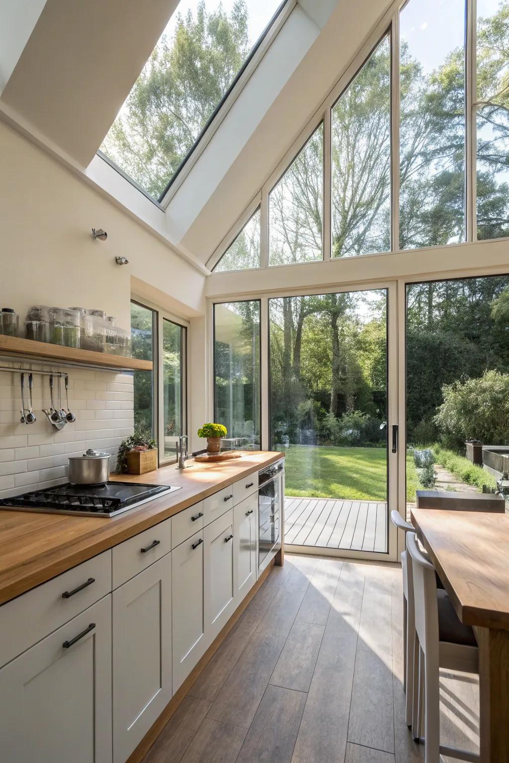 A glass wall creates a seamless transition from this kitchen to the natural surroundings.