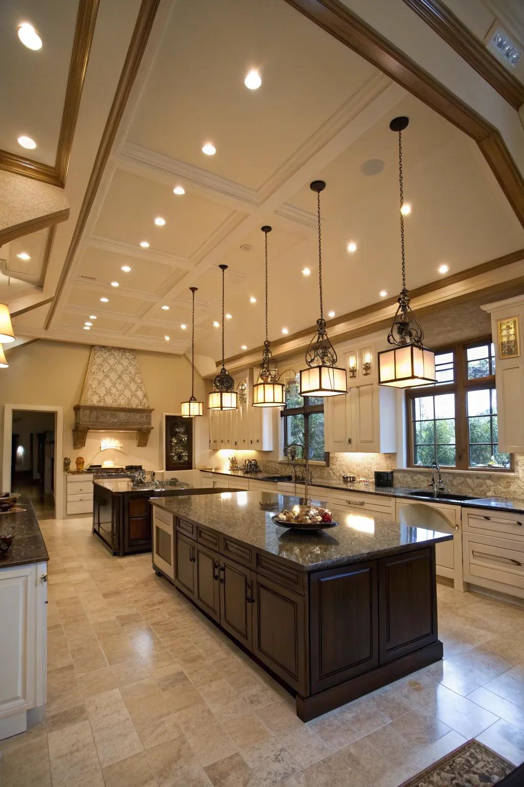 Layered lighting enhances both function and atmosphere in the kitchen.