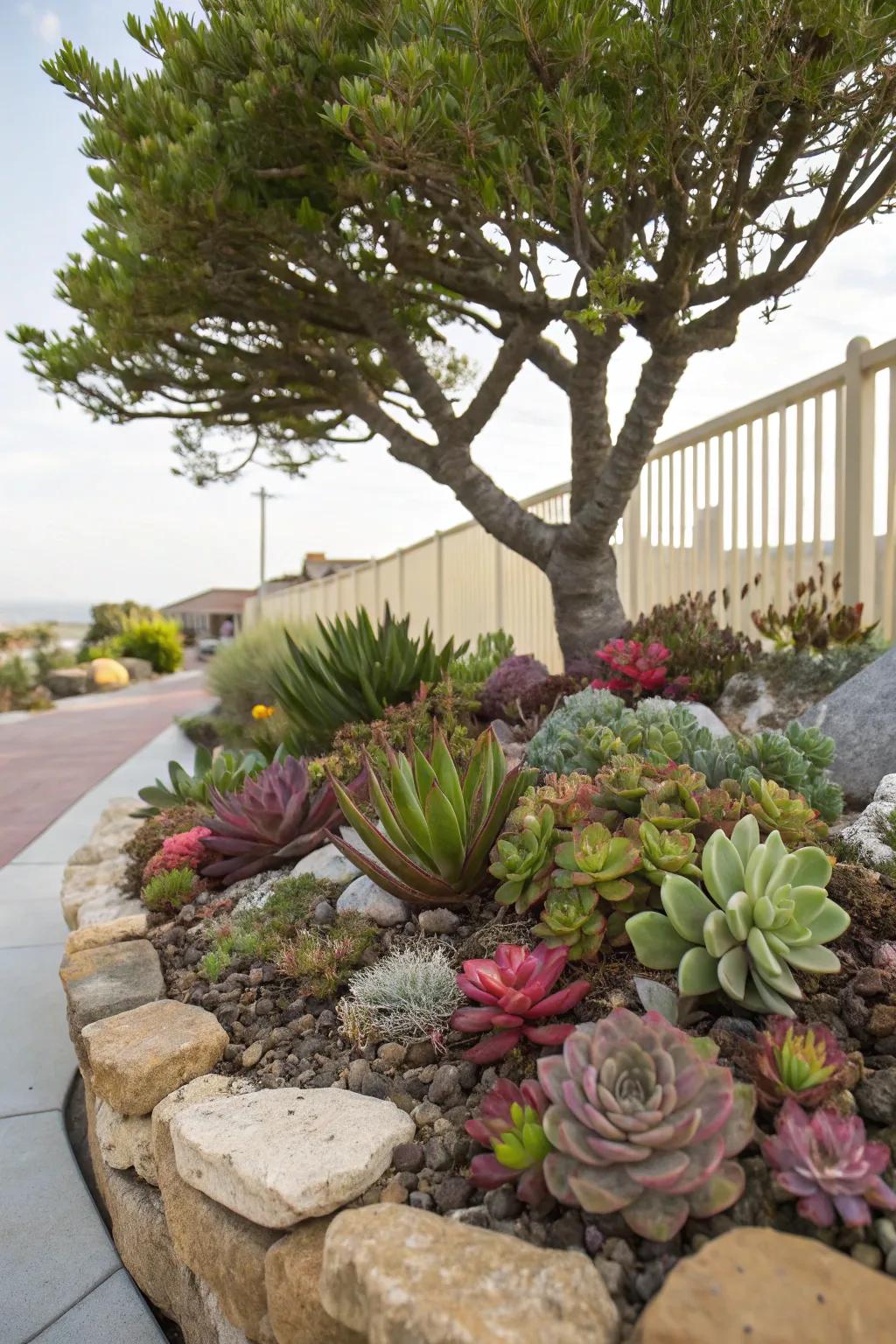 Succulents add texture and a modern touch around trees.