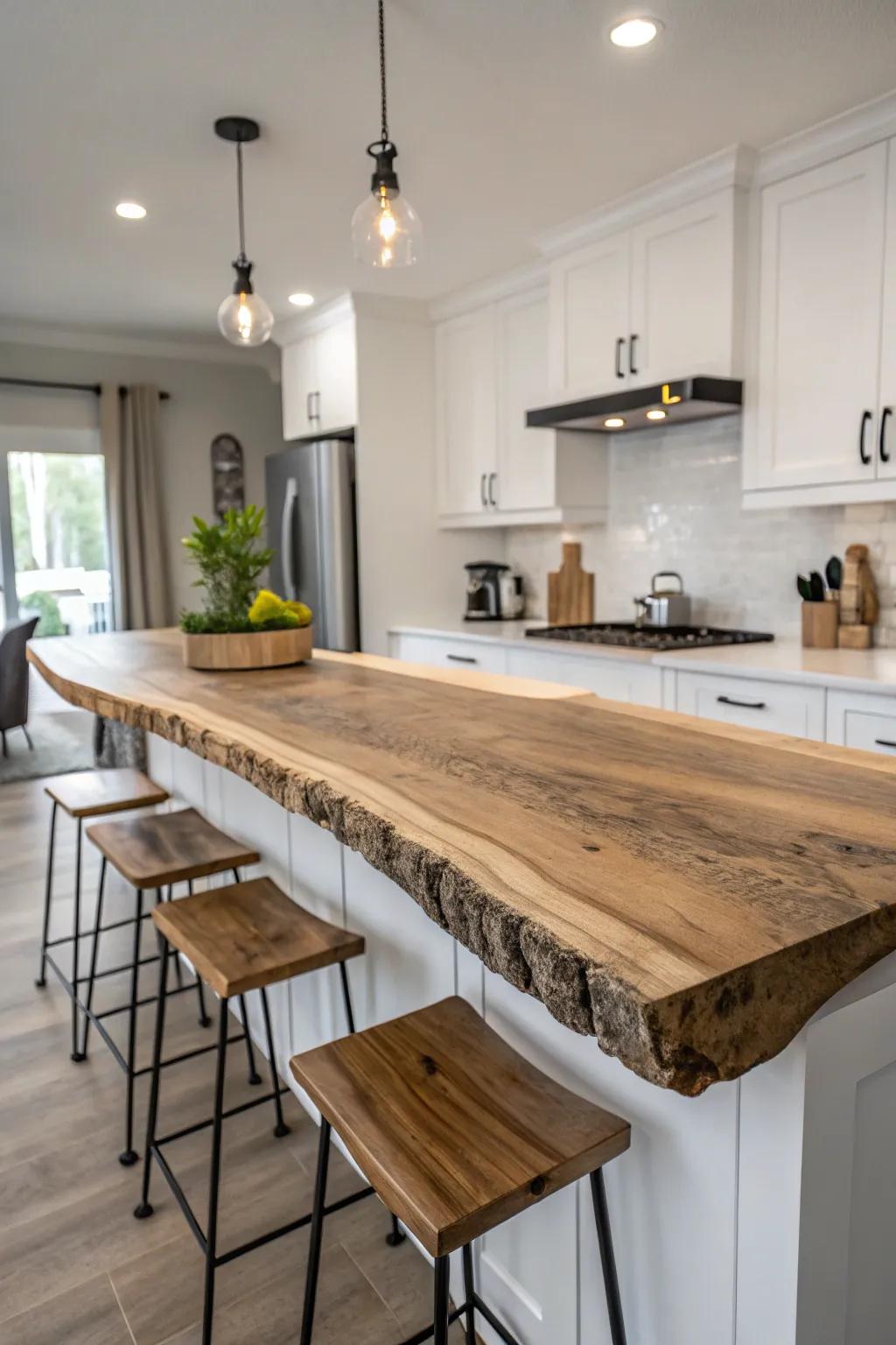 A floating live edge countertop adding a modern touch to a kitchen.