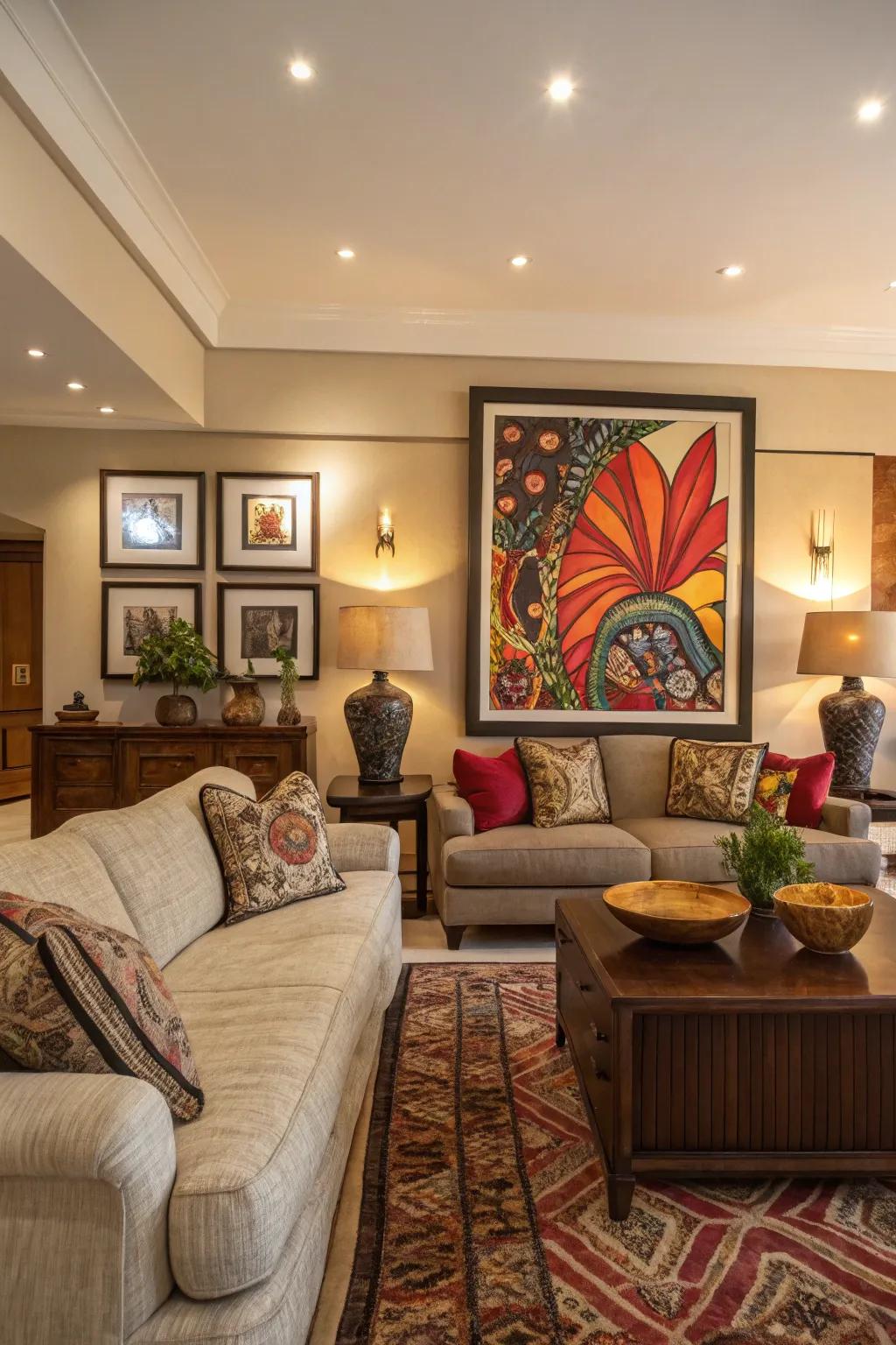 Bold artwork becomes the centerpiece of this stylish living room.