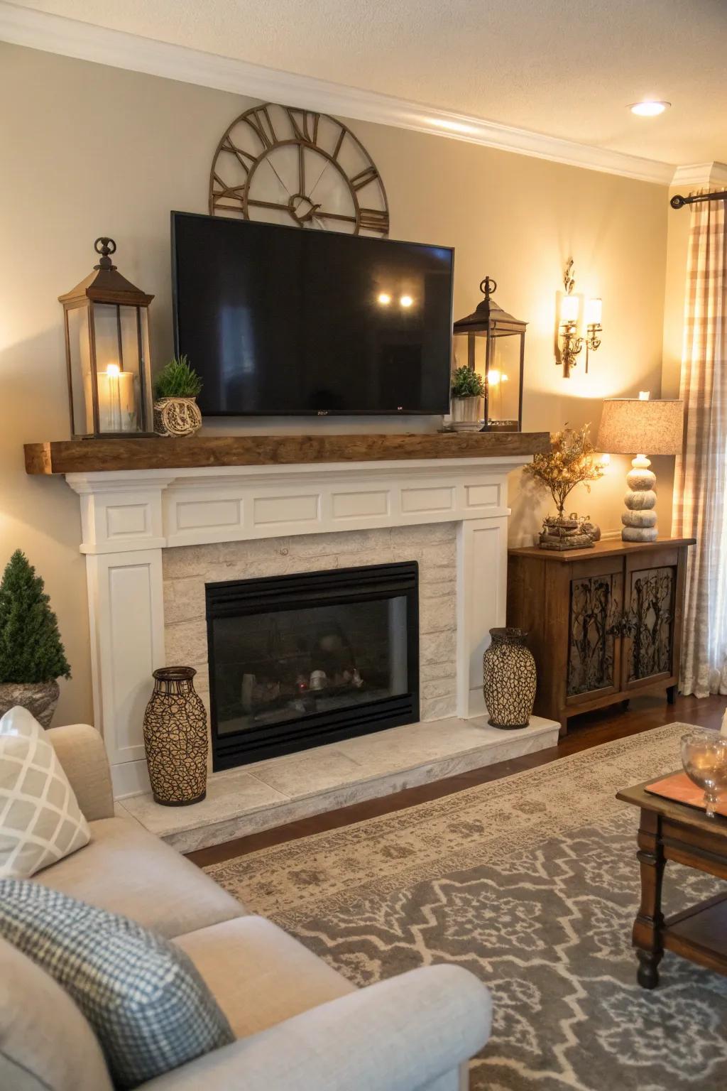 A featured fireplace becomes the room’s focal point.