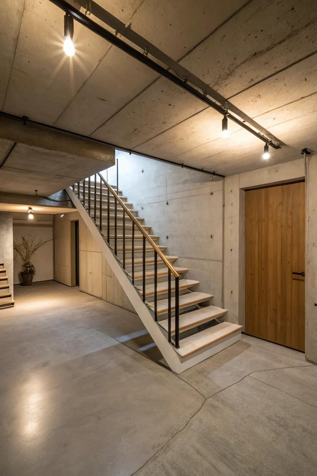 Open riser stairs add modernity and airiness to the basement.