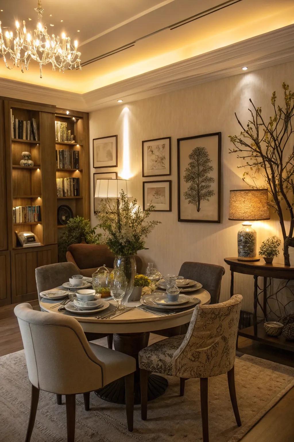 Accent lighting enhancing decor in a dining room.