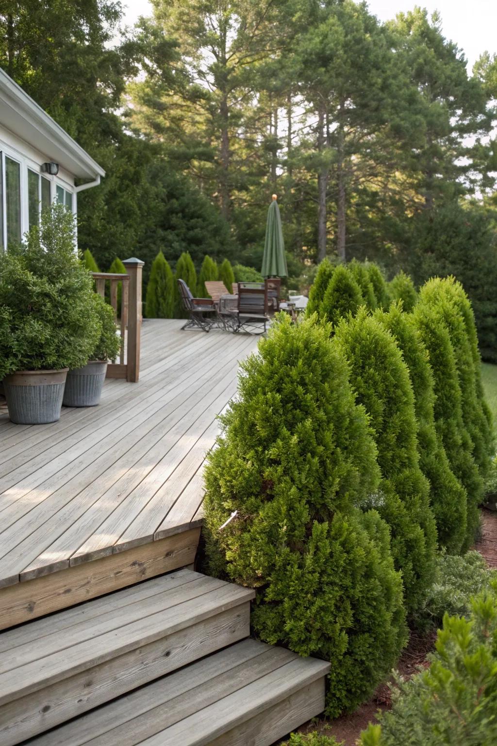 Evergreen shrubs providing structure and privacy around a deck.