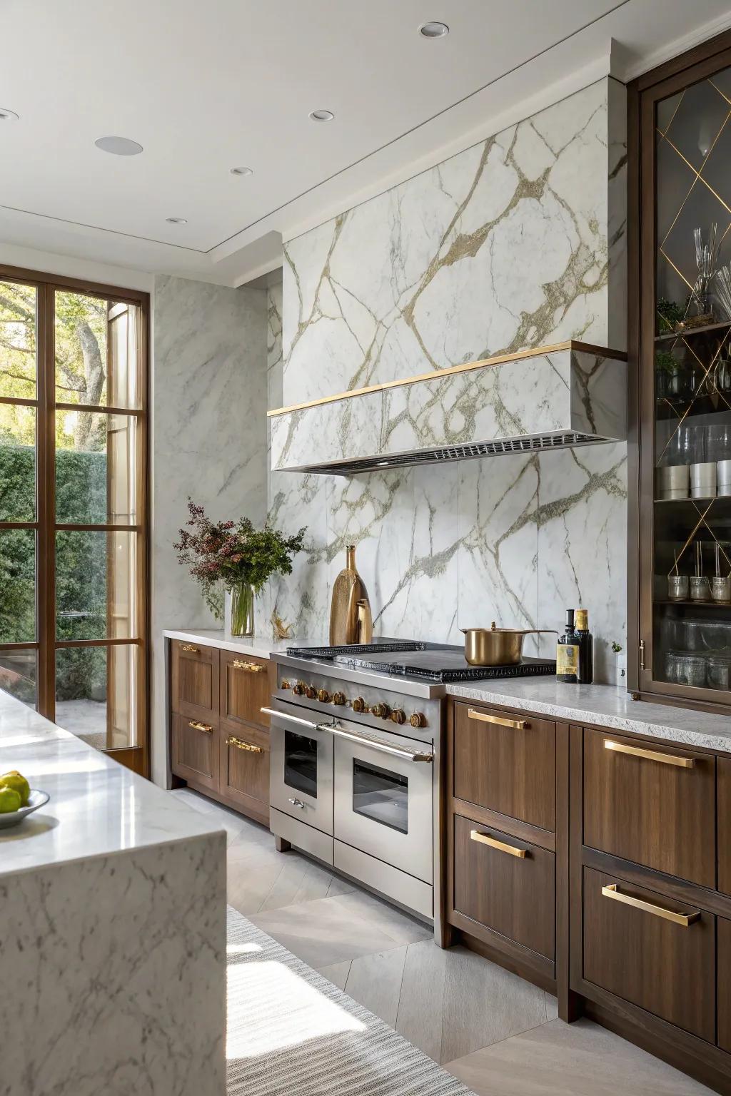 A chic kitchen featuring a stone panel complemented by metallic features.
