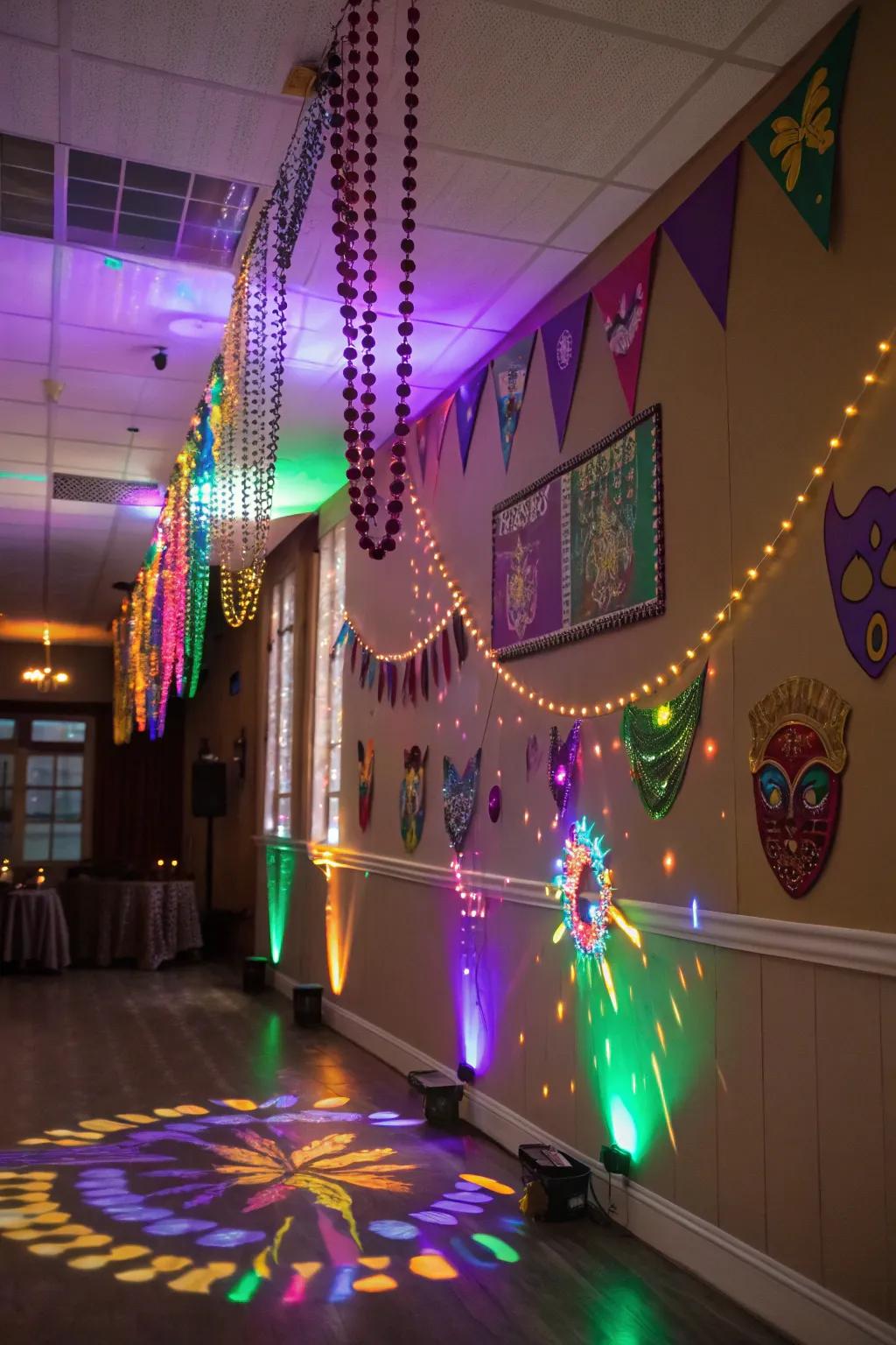 Dynamic lighting effects transform the space into a Mardi Gras wonderland