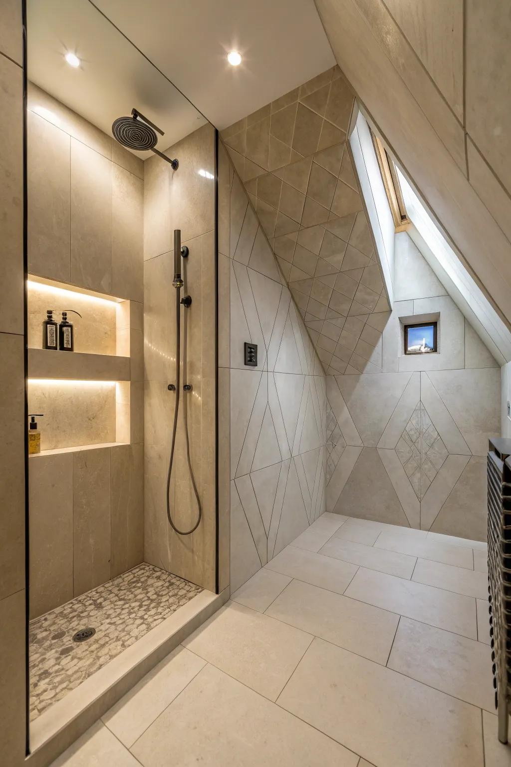 A walk-in shower making use of architectural shapes.