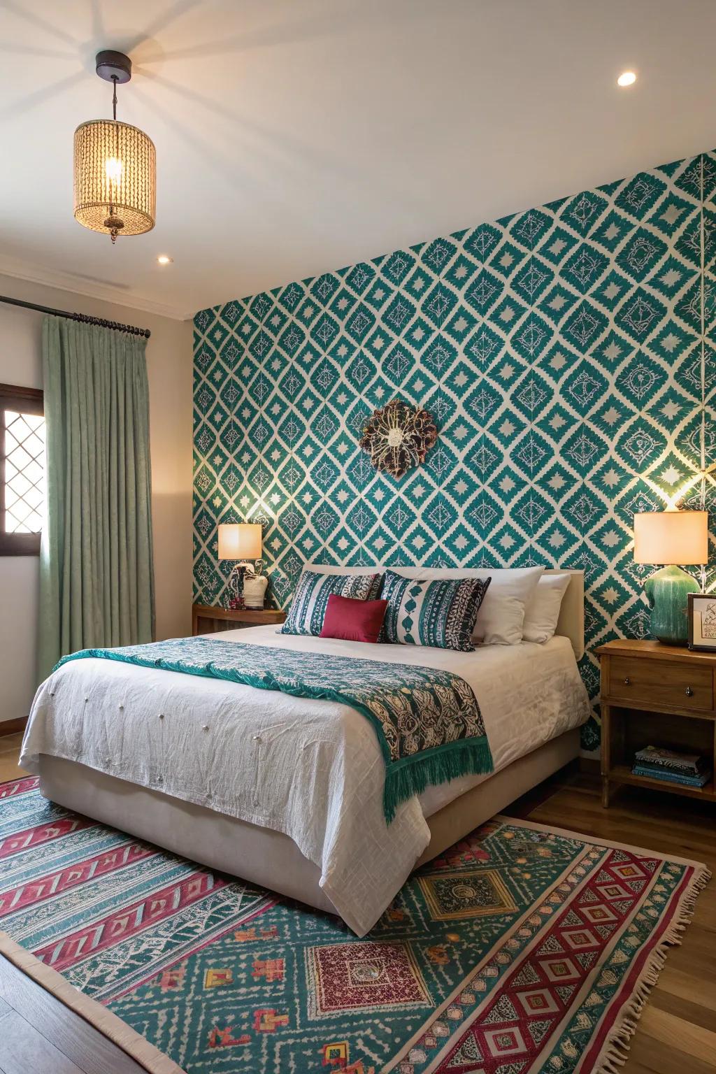 A sleeping area displaying striking patterned wallpaper.