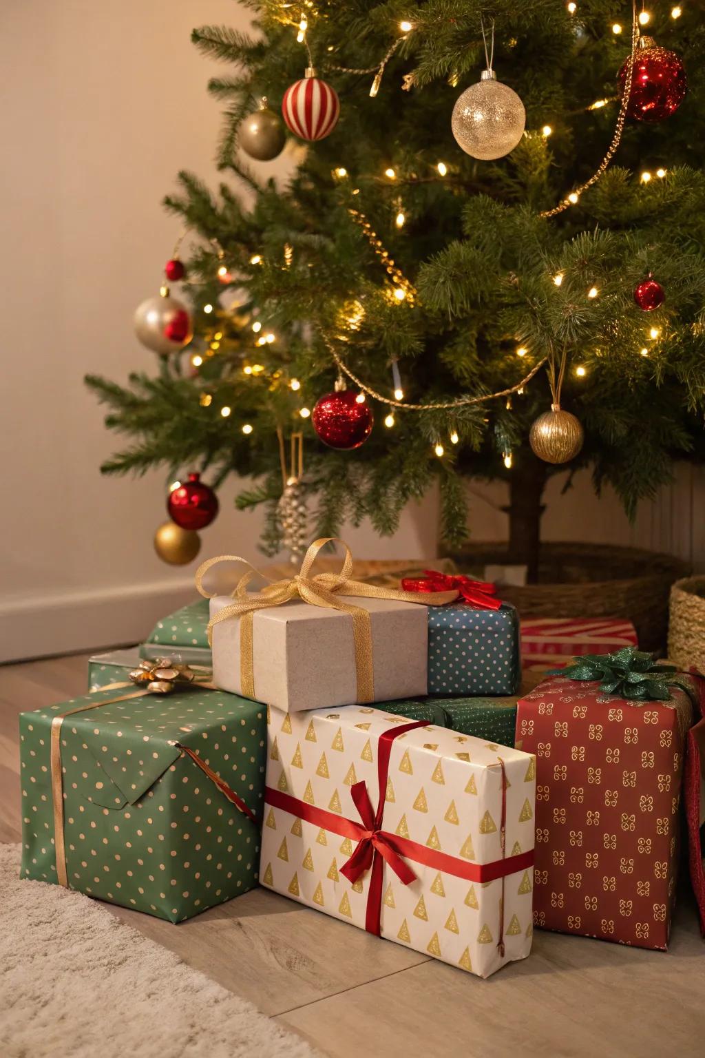 Neatly arranged gifts with minimal wrapping under a minimalist Christmas tree.