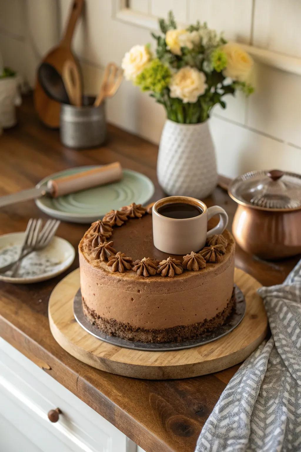A miniature java cup adds a playful charm to a caffeinated delight.