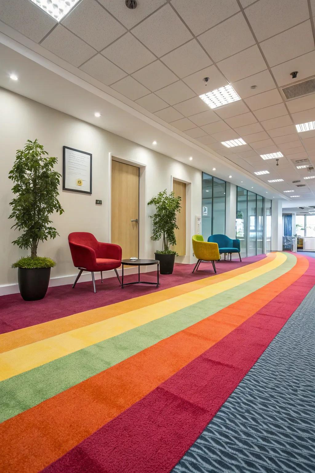 Modern room with a vibrant colored carpet bringing energy to the space