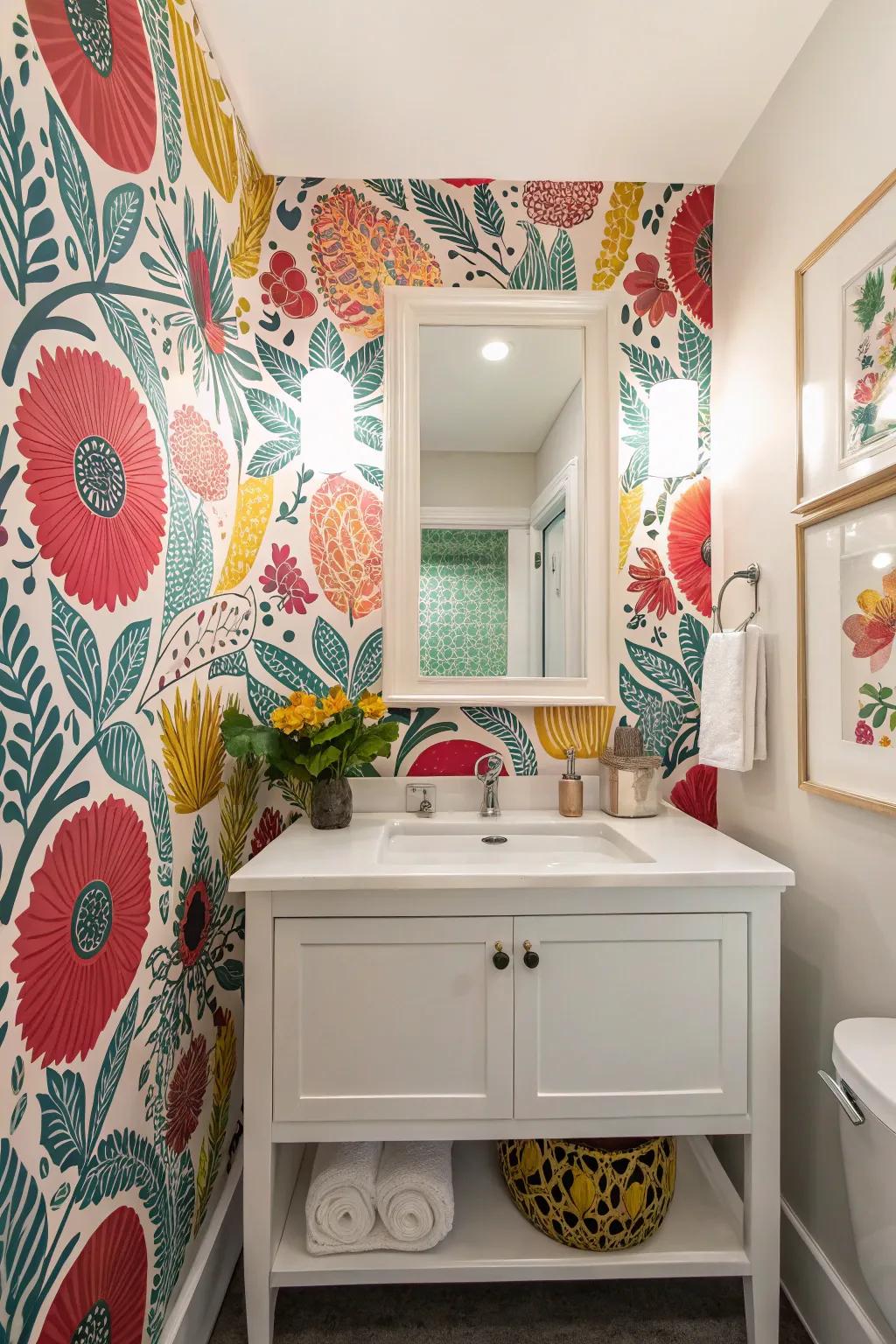 A bathroom featuring a vibrant wallpaper accent wall for a bold statement.