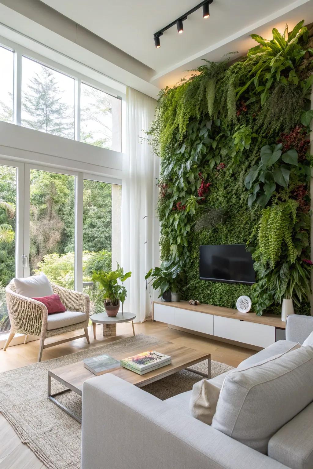 A living plant wall brings vibrancy and a natural touch to the modern living room.