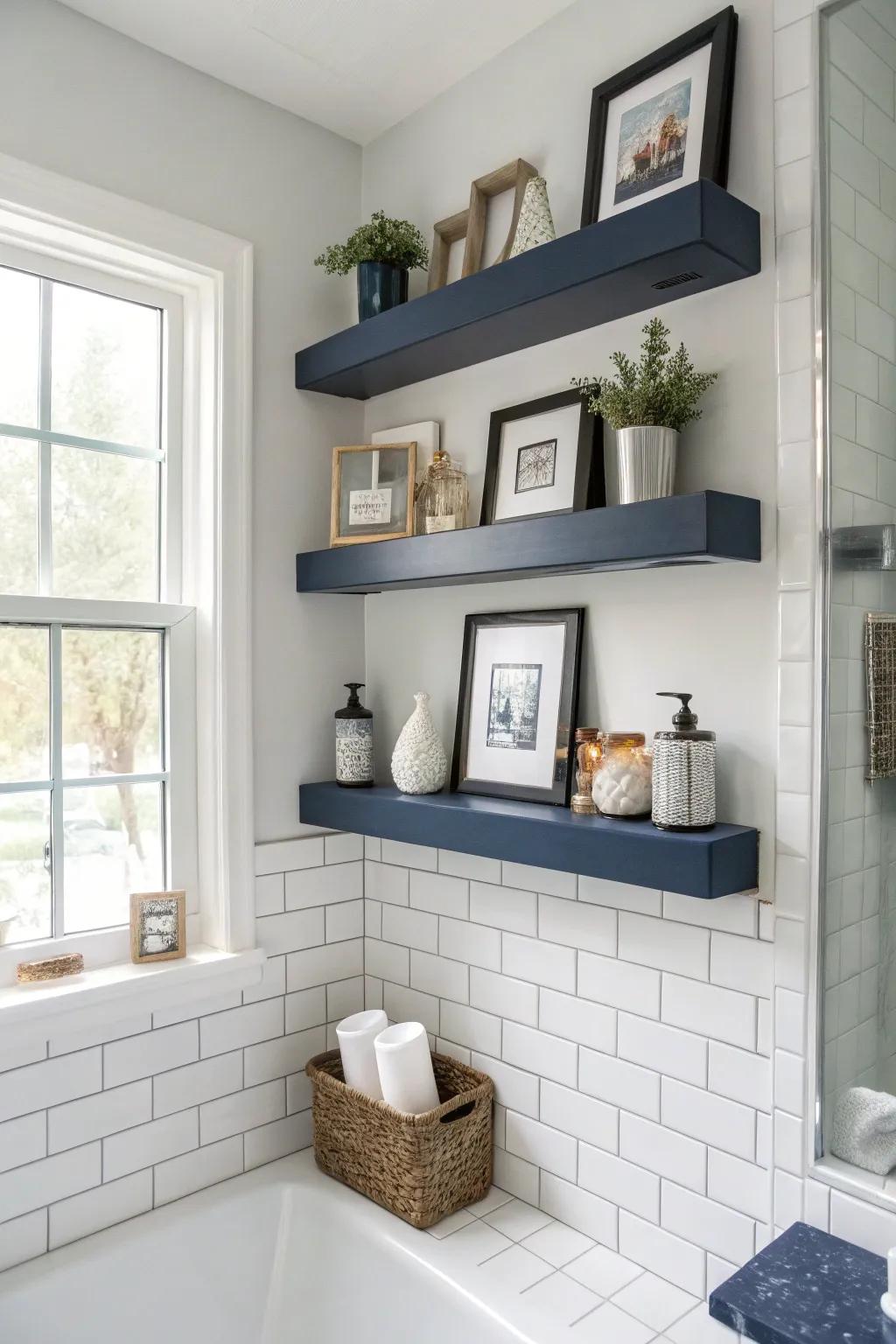 Floating shelves offer stylish storage solutions.