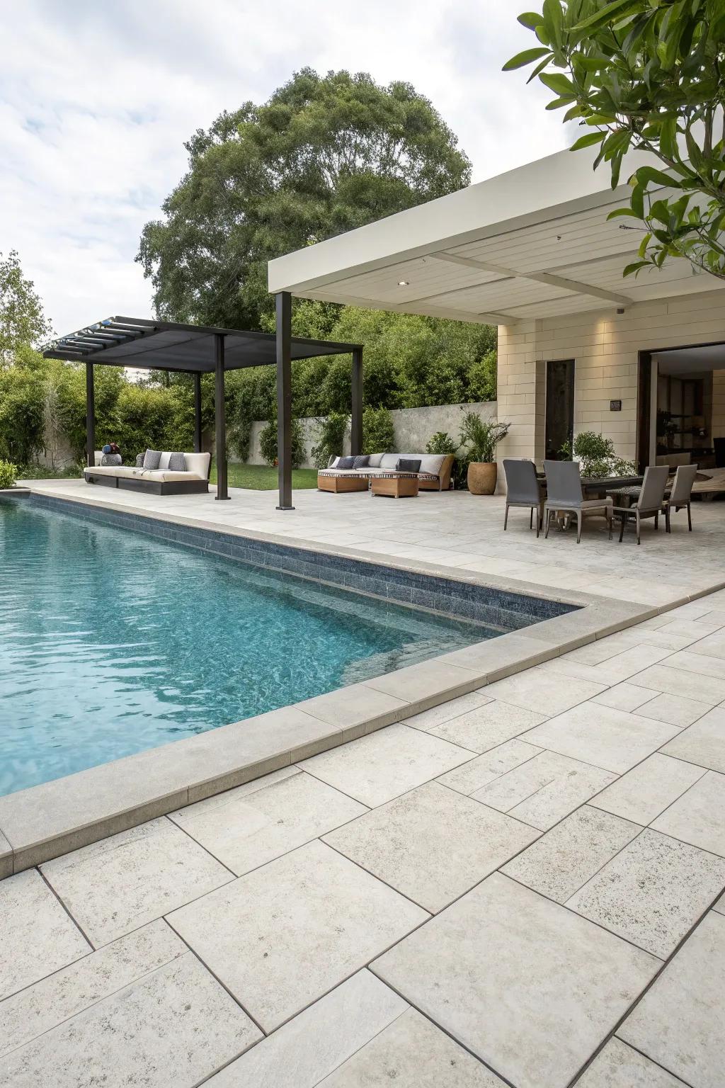 Large-format tiles provide a seamless and elegant pool design.