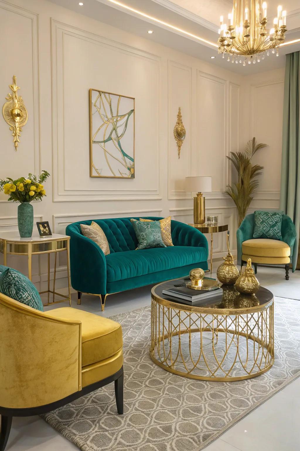 Metallic highlights introduce sophistication to the decor.