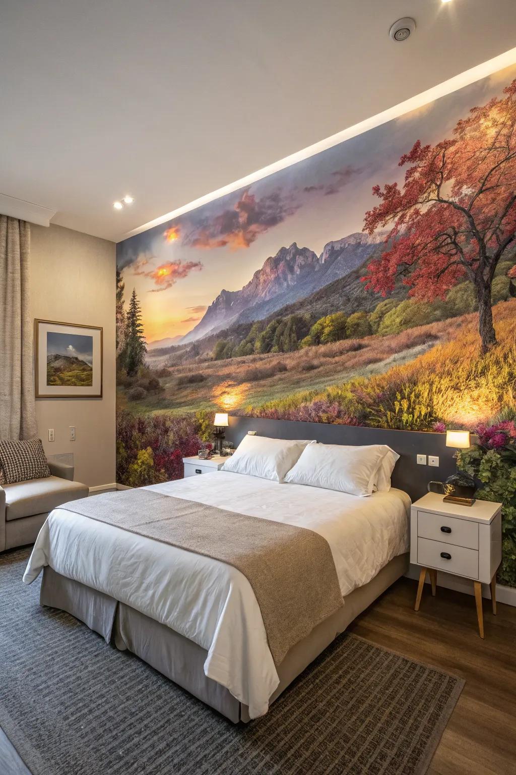 A bedroom with a feature wall showcasing a mural.