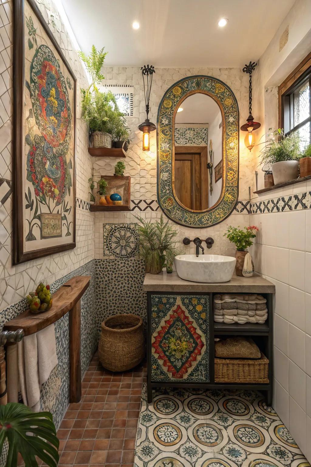 A bathroom showcasing a unique personalized mosaic design.