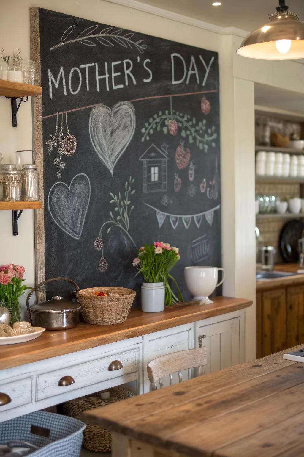 A chalkboard with loving messages adds a personal touch.