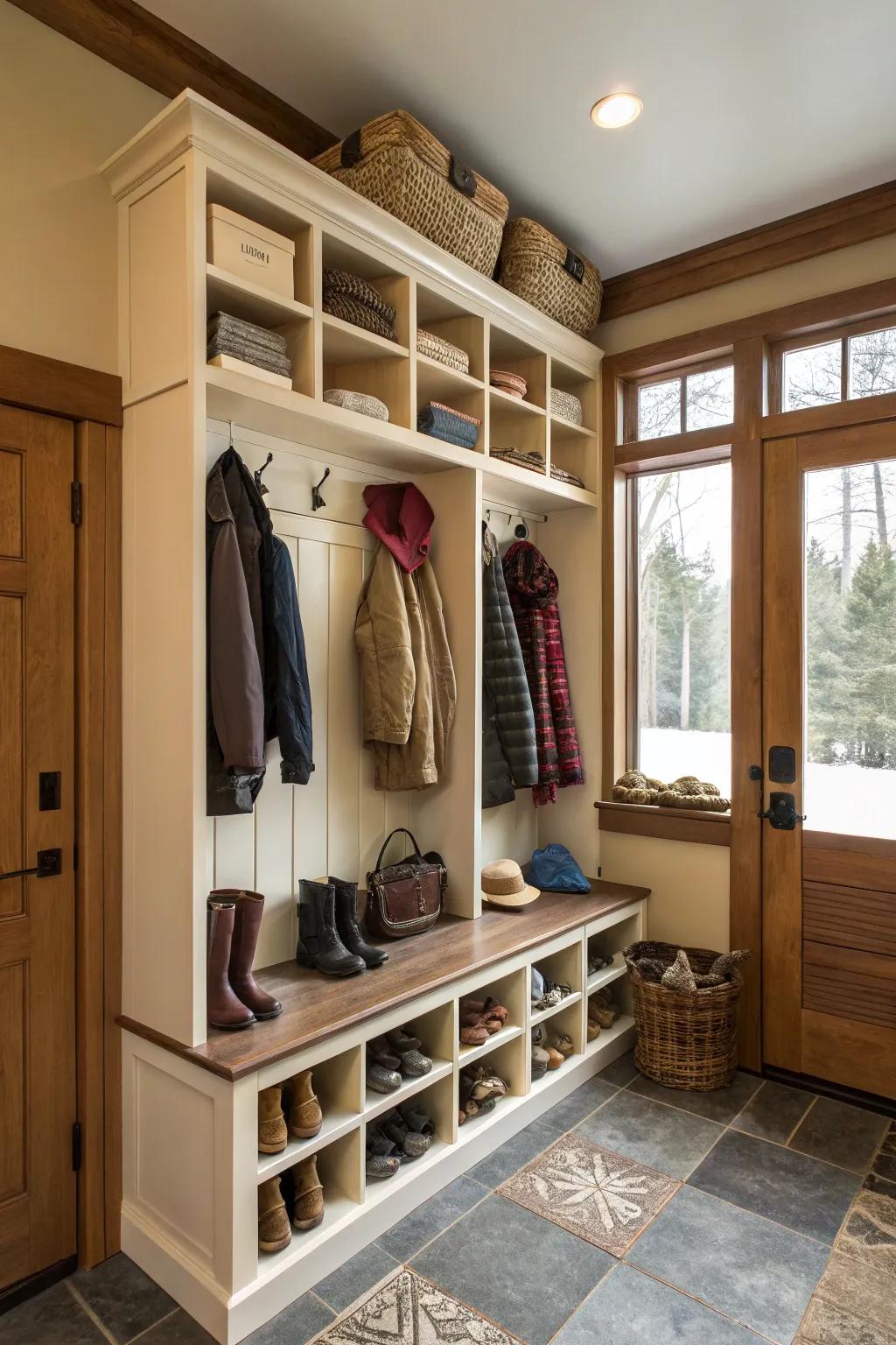 Mudroom with open shelving for easy access and organized display of items.