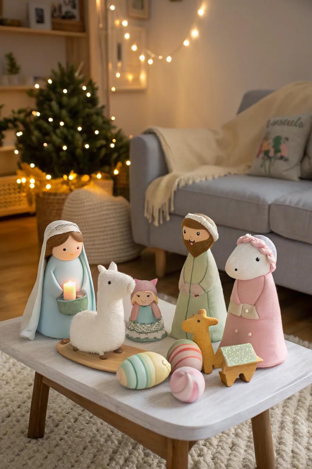 A children's corner with a playful, interactive nativity display.