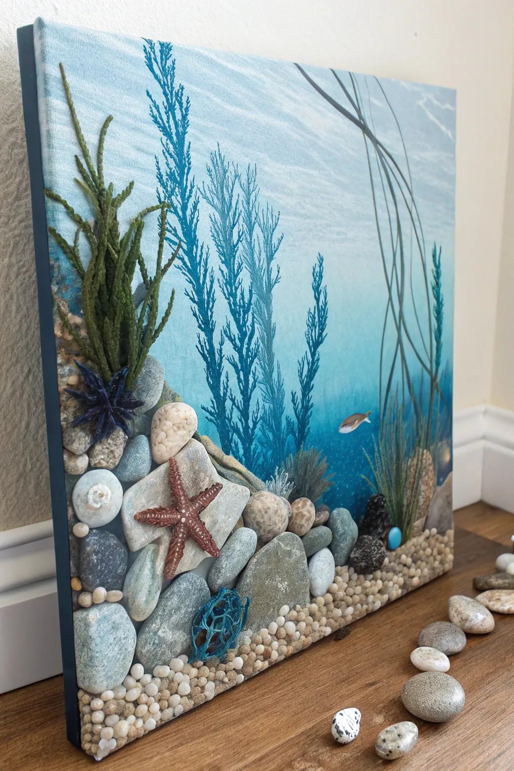 An ocean-inspired collage with pebbles and seaweed.