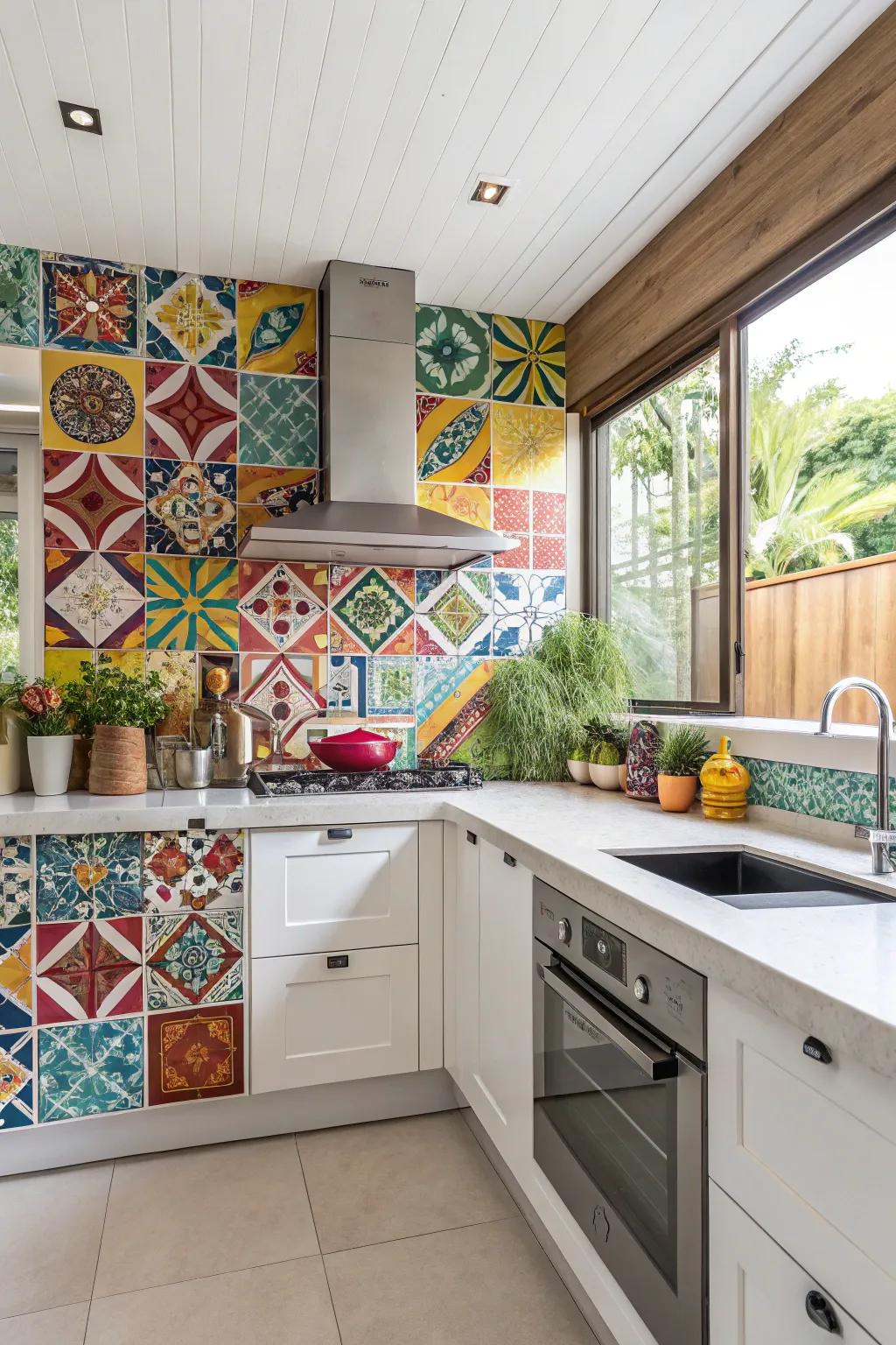 A kitchen with a vibrant statement backsplash.