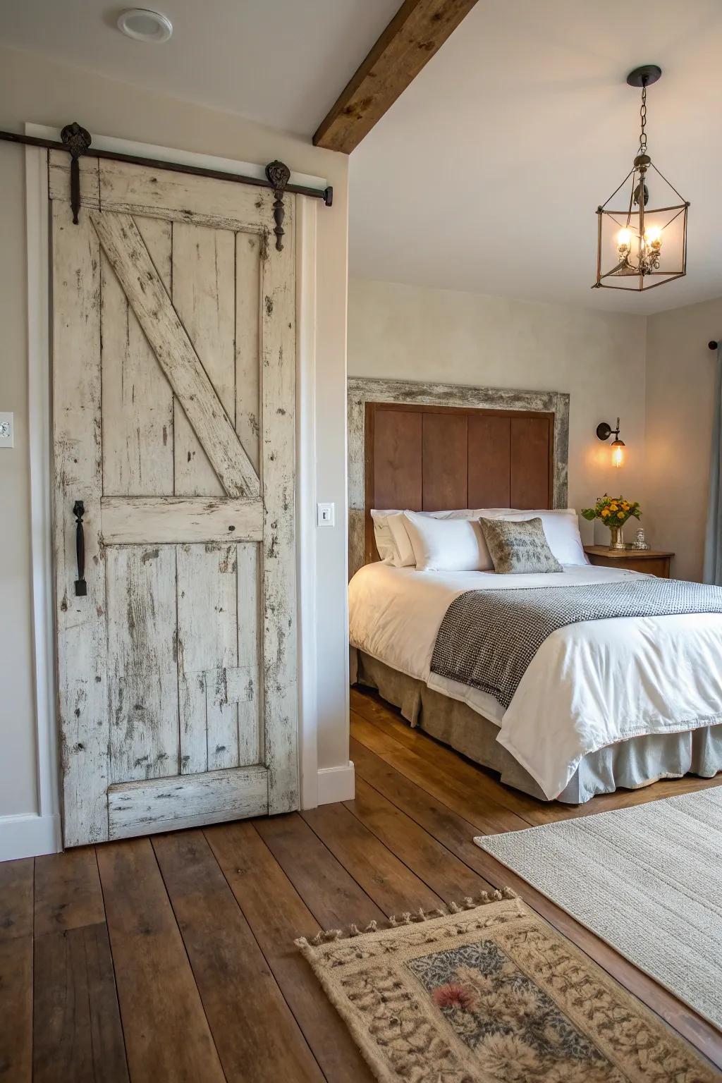 A vintage door adds rustic charm and character to the bedroom.