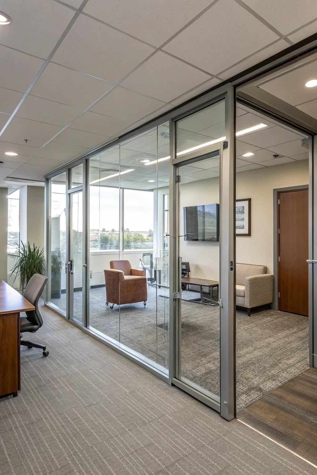 Glass pocket doors offer sleek and seamless transitions in offices.