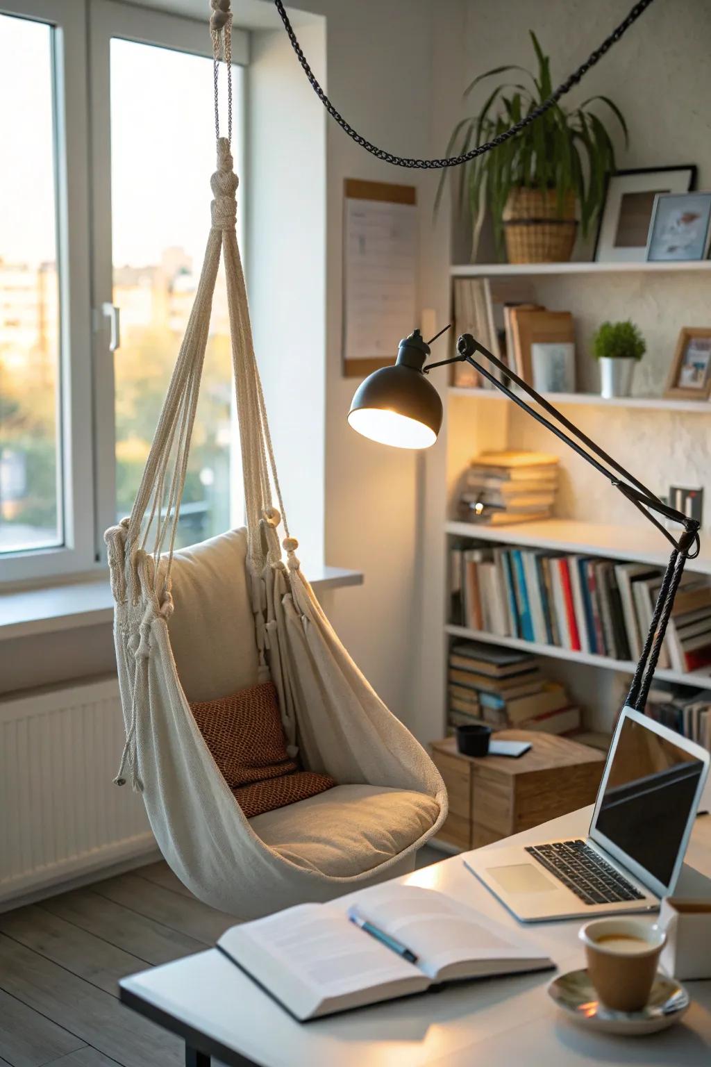 A suspended chair adds a whimsical and modern touch to this office reading area.