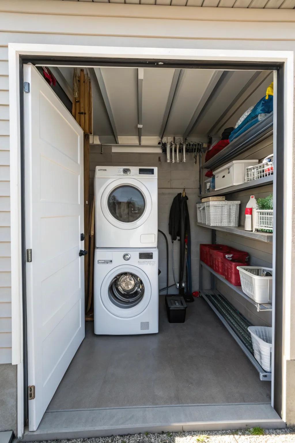 A compact laundry area adds functionality to a one-car garage.