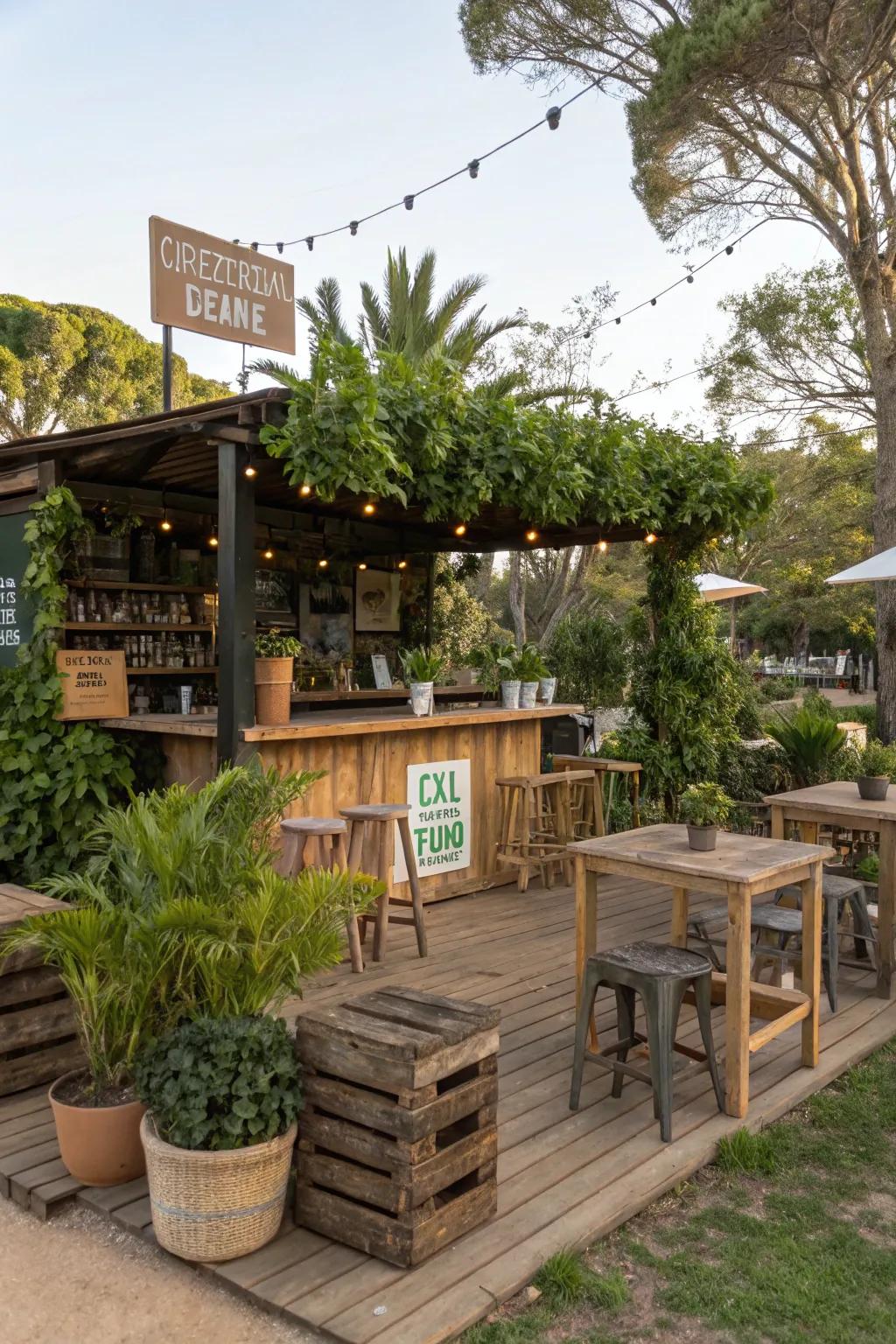 An eco-conscious coffee bar crafted from upcycled materials.