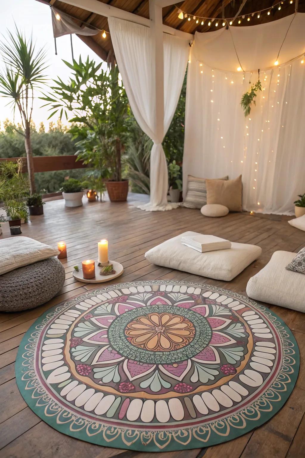 A meditation space with mandala-painted floors, creating a serene and spiritual retreat.