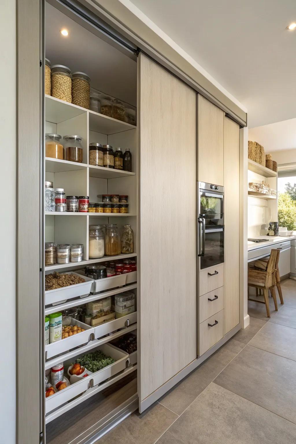 A sliding door on a pantry offers space-saving access and a stylish look.