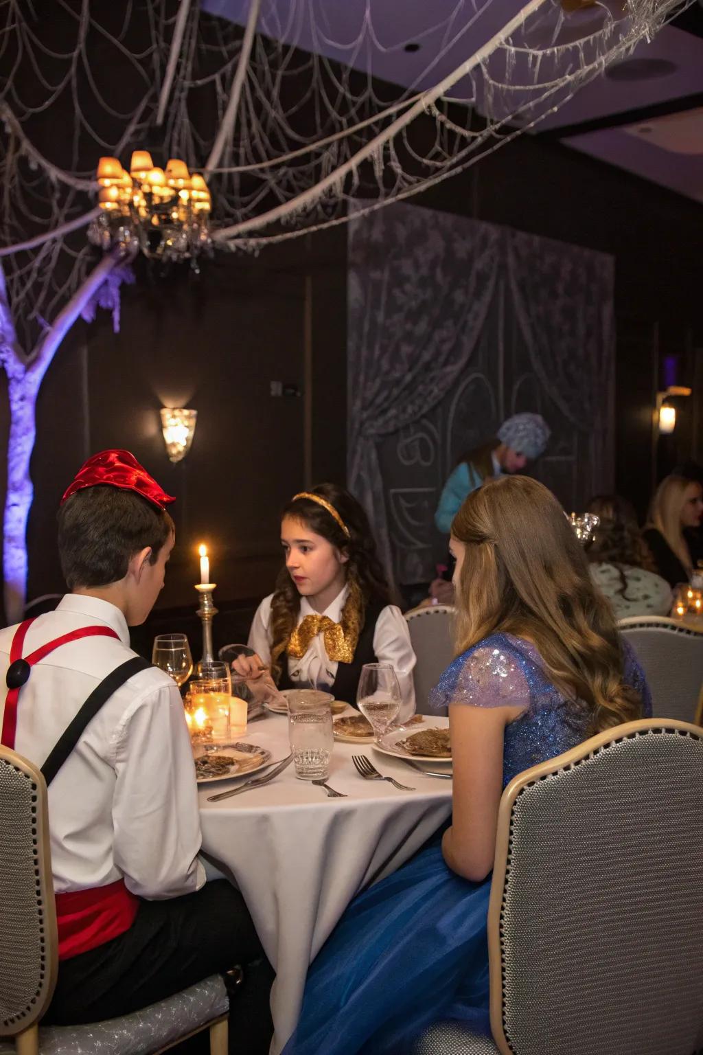 Teens playing detectives at an engaging mystery dinner party.