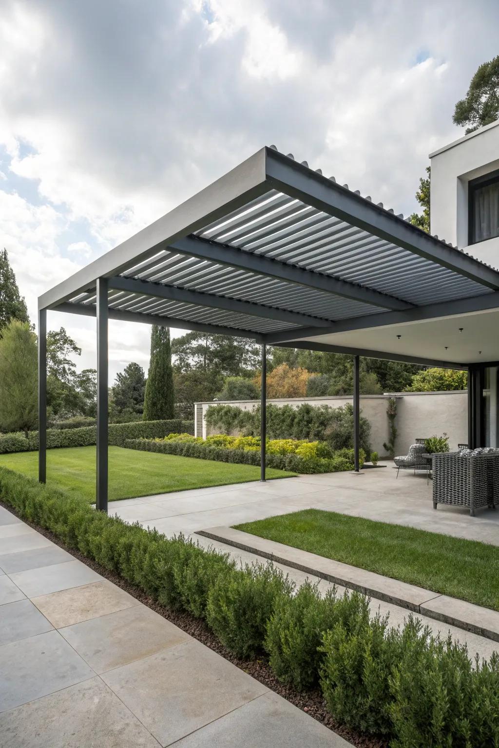 Modern elegance with a sleek steel pergola roof.