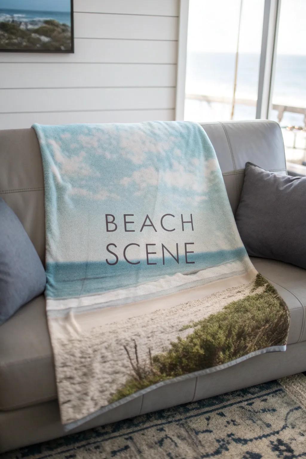 A blanket with a beach scene and calming quote, perfect for a tranquil ambiance.